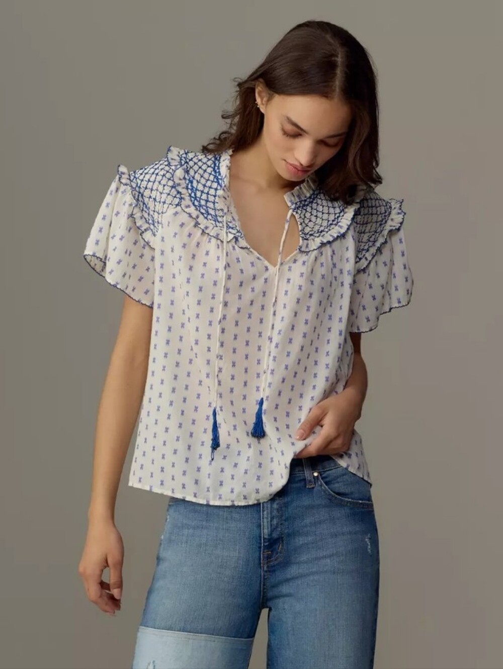 Pilcro Short-Sleeve Smocked Clip Dot Blouse